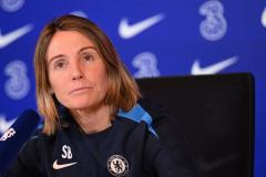 Chelsea women boss Sonia Bompastor speaks to the media